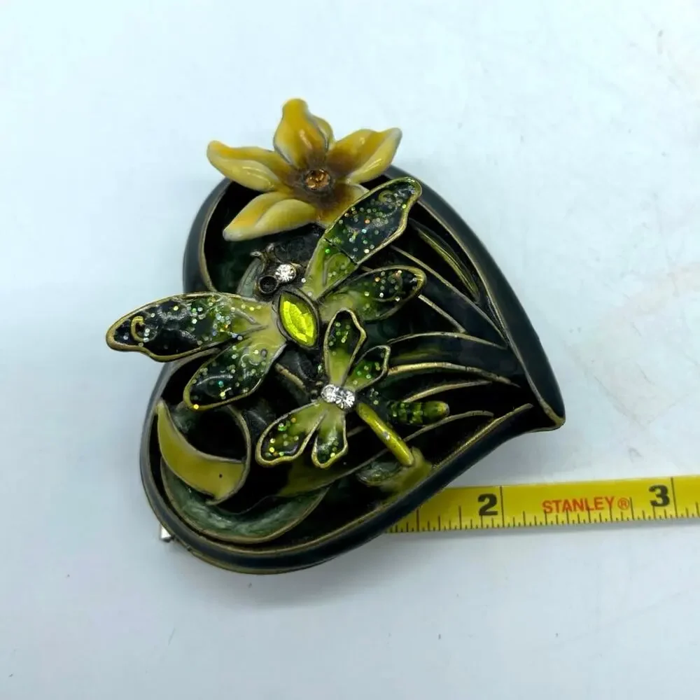 Green Heart‎ Shaped Trinket Box Dragonflies and Flower Enameled Rhinestones